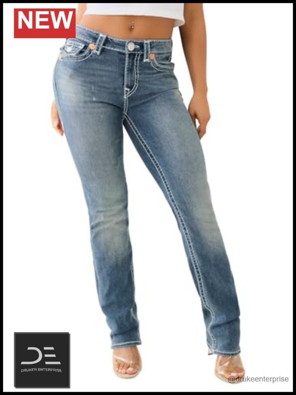 Women's Straight Leg Mid Rise Jeans with Flap Pockets